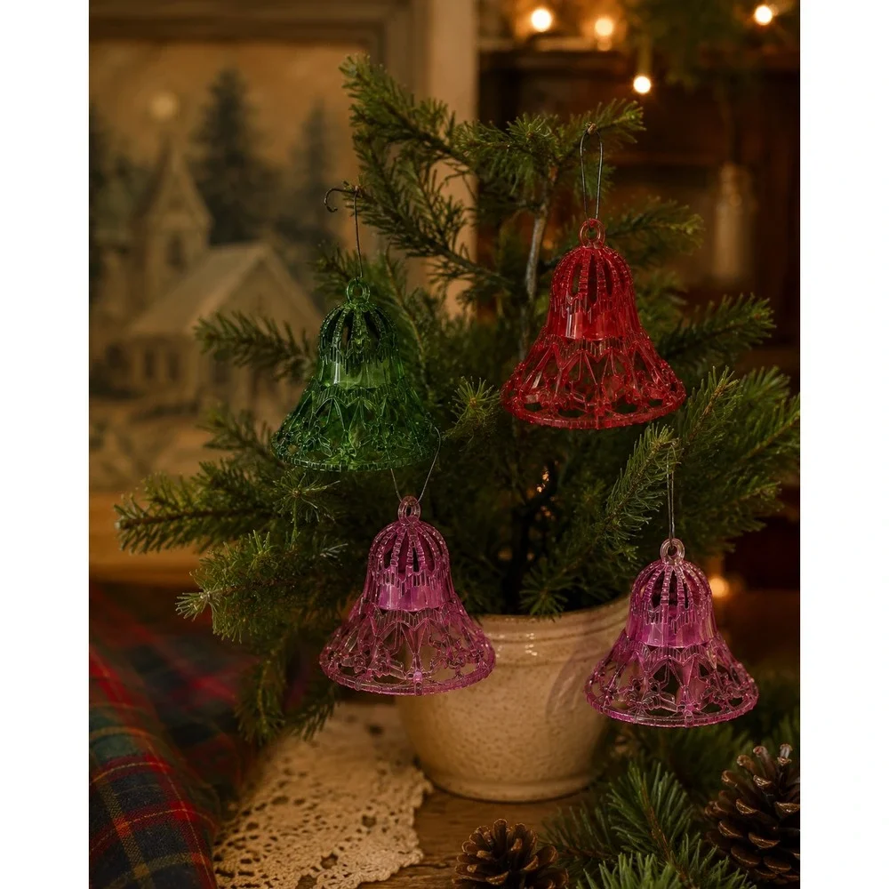 Vintage MCM Plastic Filigree Bell Christmas Ornaments Red Green Pink Lot of 4